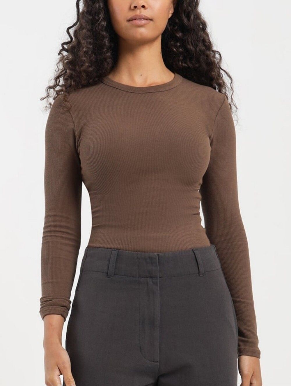 Nude Lucy Womens Cola Brown Organic Ribbed Long Sleeve T-Shirt Size Small